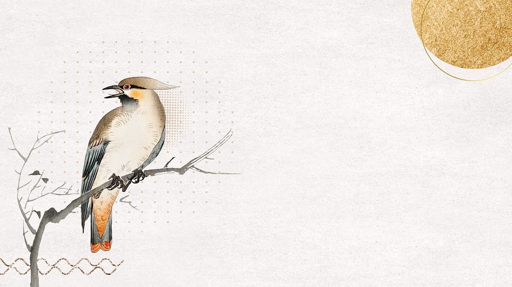 Aesthetic Japanese bird desktop wallpaper, beige textured design