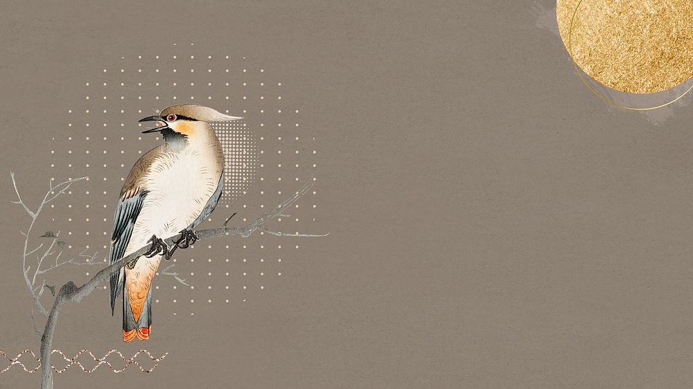 Aesthetic Japanese bird desktop wallpaper, brown design