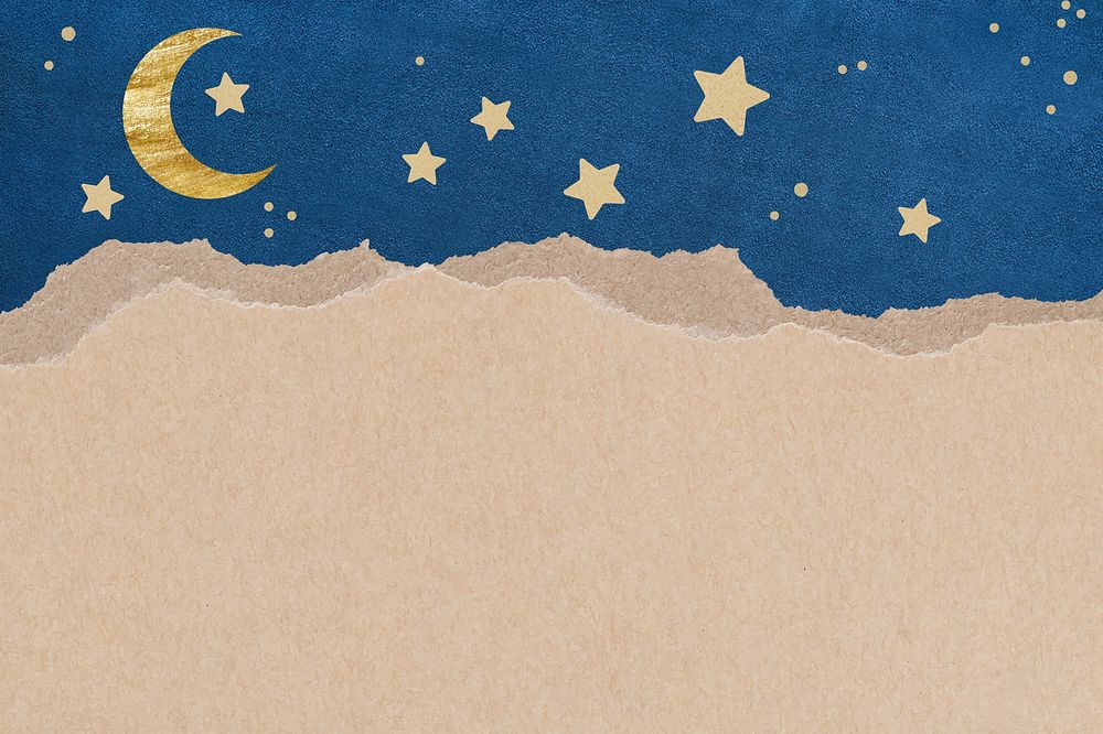 Torn craft paper background element, blue night sky moon and star rectangular notepaper