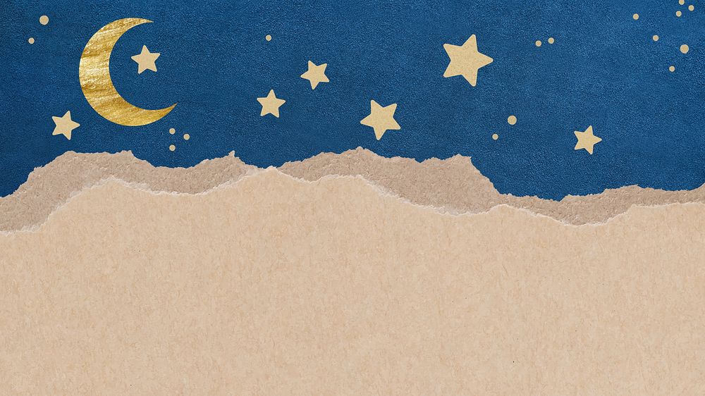 Ripped craft paper desktop wallpaper element, blue night sky moon and star rectangular notepaper