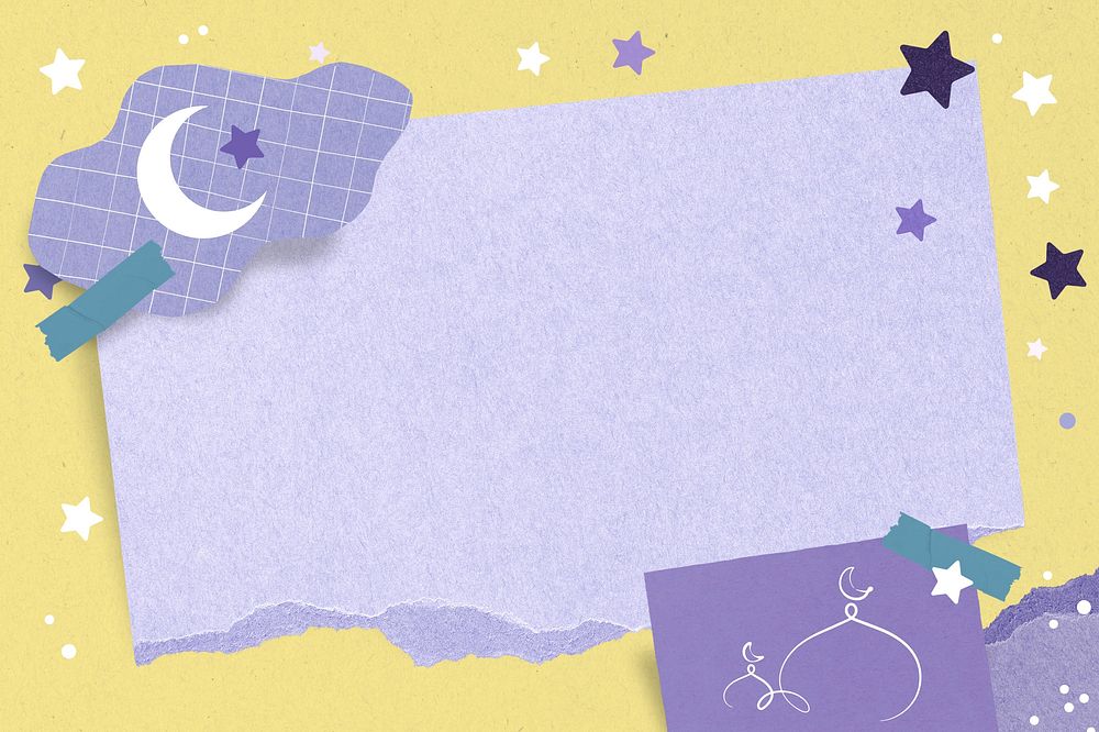 Ramadan purple paper, yellow background star notepaper collage element