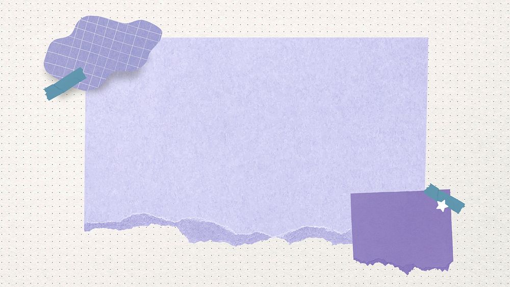 Torn rectangular purple paper element, tape, dot notepaper collage art psd