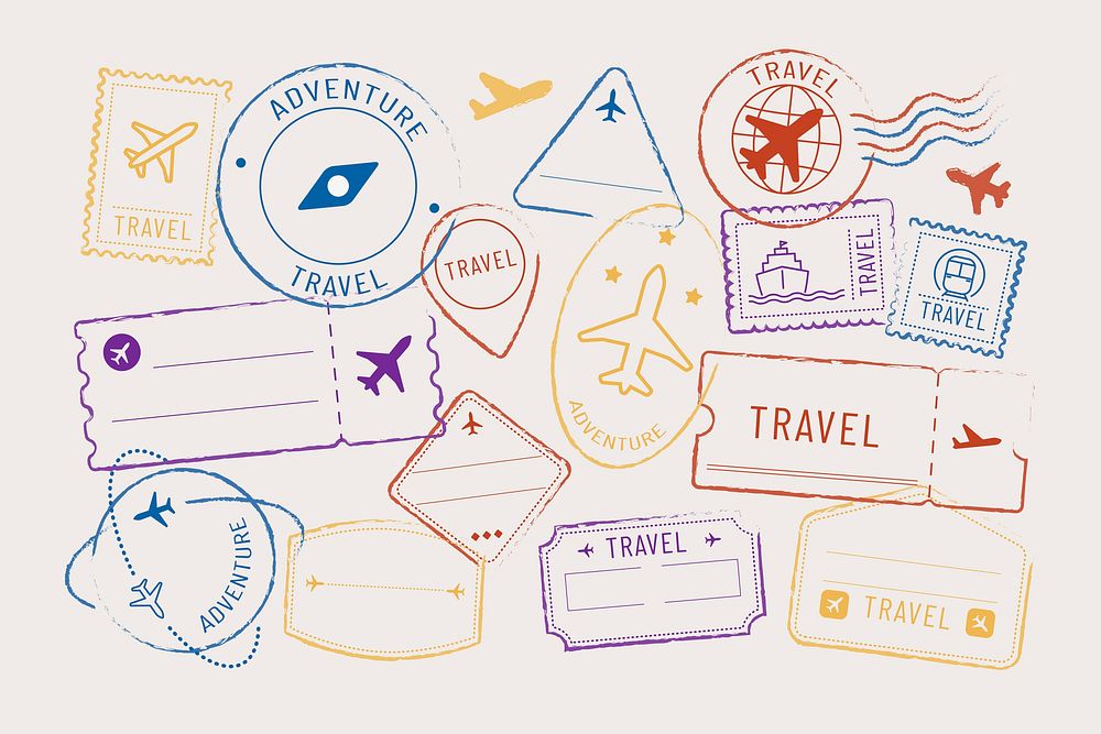 Colorful travel stamps set psd