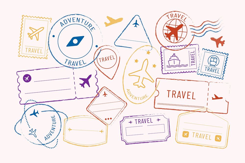 Doodle travel stamps set psd