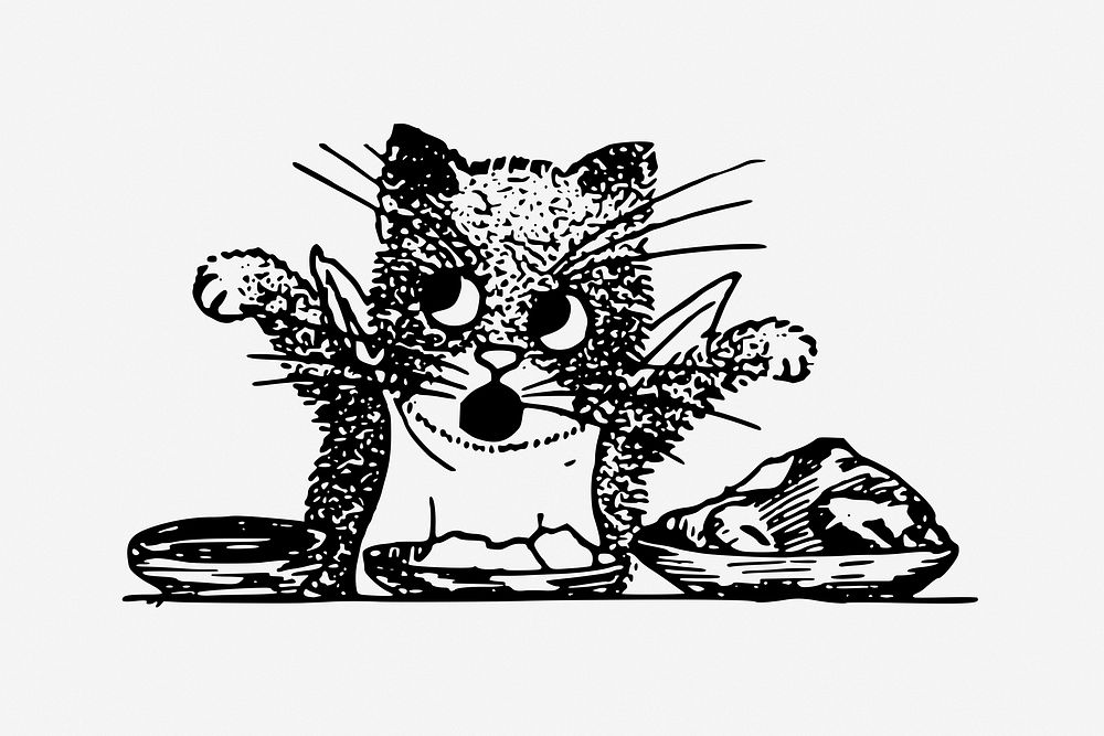 Cat feeding cartoon vintage illustration vector. Free public domain CC0 image.