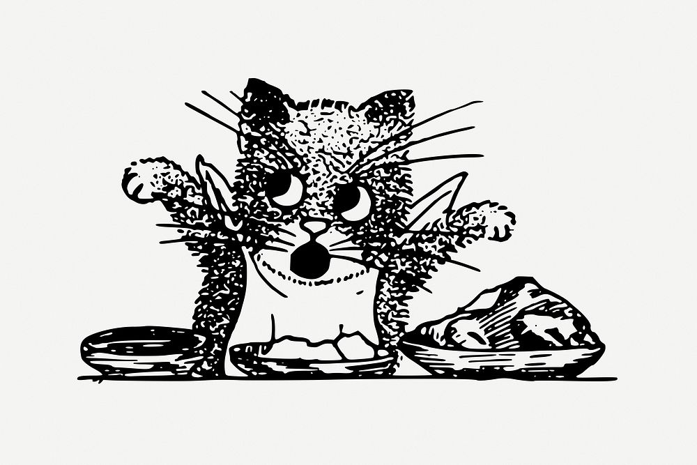 Cat feeding cartoon vintage illustration psd. Free public domain CC0 image.