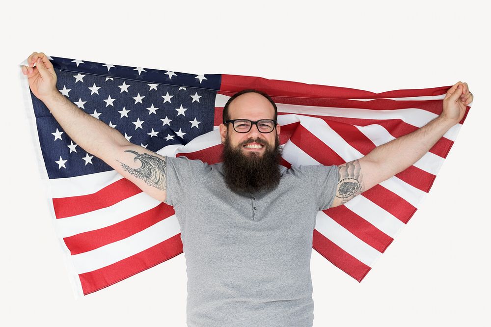 Bearded man in glasses holding American flag