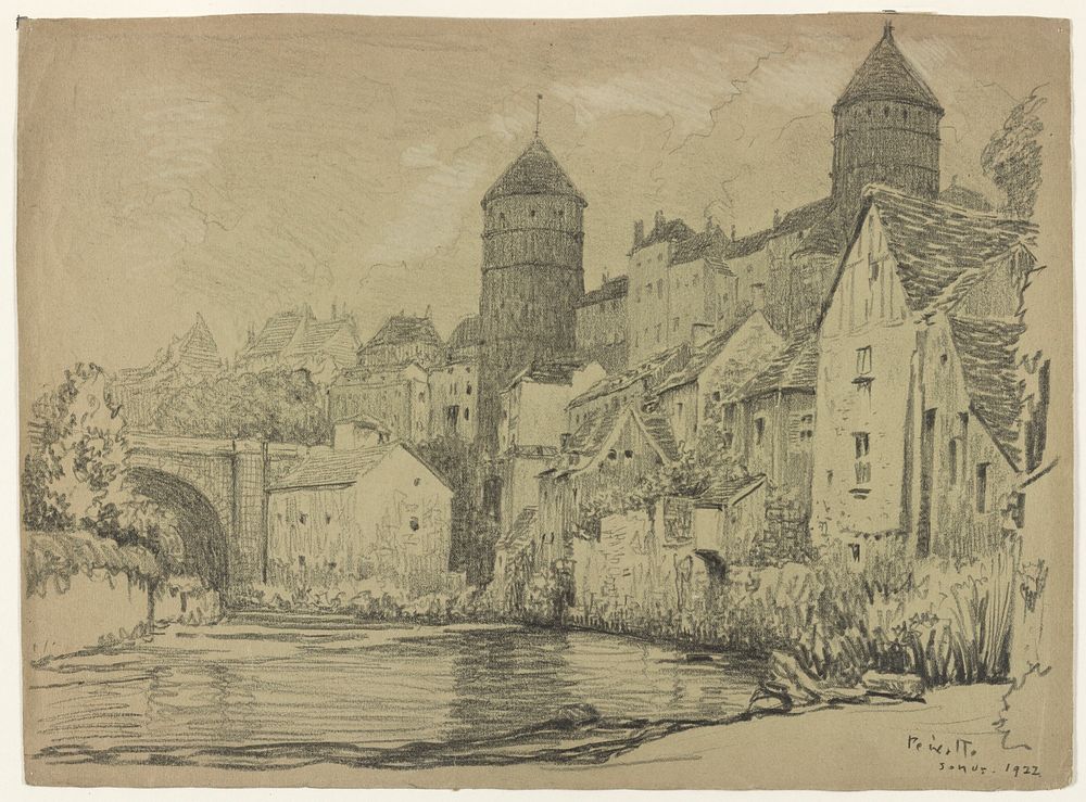 Fortified town by river, France (1922) by Ernest C Peixotto
