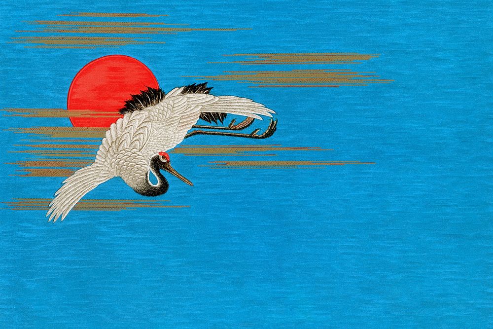 Flying Sarus crane background, traditional Japanese illustration. Remixed by rawpixel.