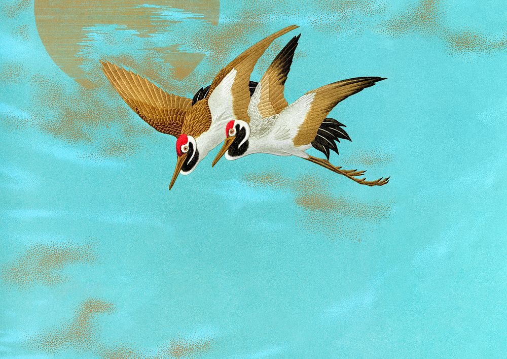 Sarus cranes flying background, traditional Japanese illustration. Remixed by rawpixel.