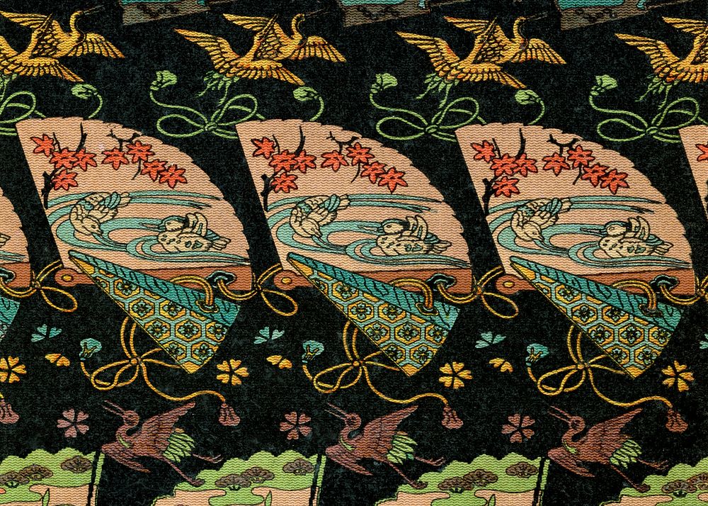 Crane fan pattern background, traditional Japanese design.  Remixed by rawpixel.