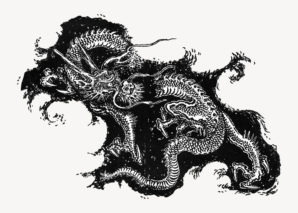 Japanese dragon, mythical creature illustration by Shumboku. Remixed by rawpixel.