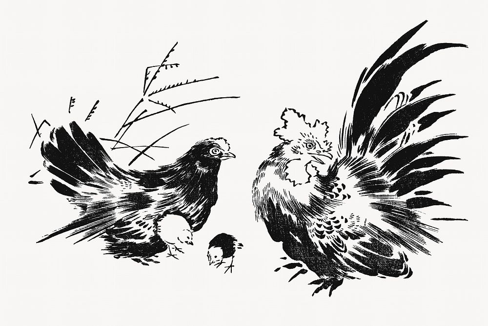 Japanese chickens, ink animal illustration by Toyeki. Remixed by rawpixel.