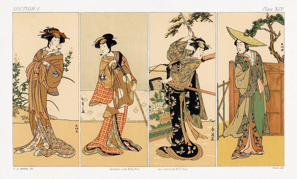 Kabuki actors, Japanese man painting by G.A. Audsley-Japanese illustration. Public domain image from our own original 1884…