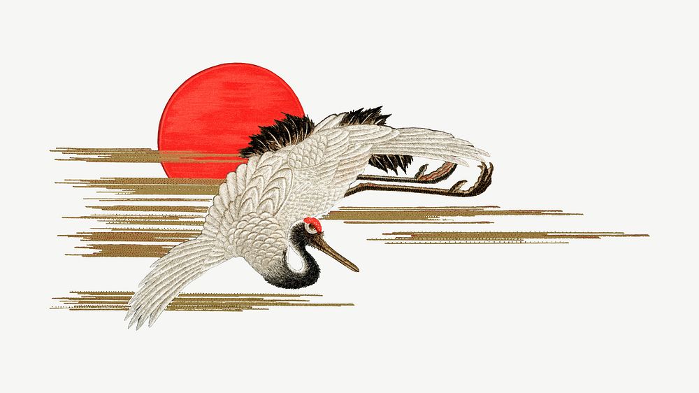 Sarus crane flying, vintage animal by G.A. Audsley-Japanese illustration psd. Remixed by rawpixel.