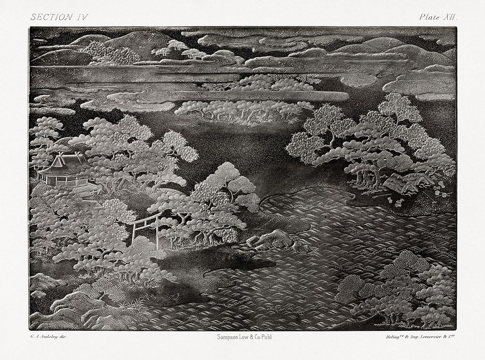 Bas-relief illustration of Japanese scenery from section IV plate XII. by G.A. Audsley-Japanese illustration. Public domain…