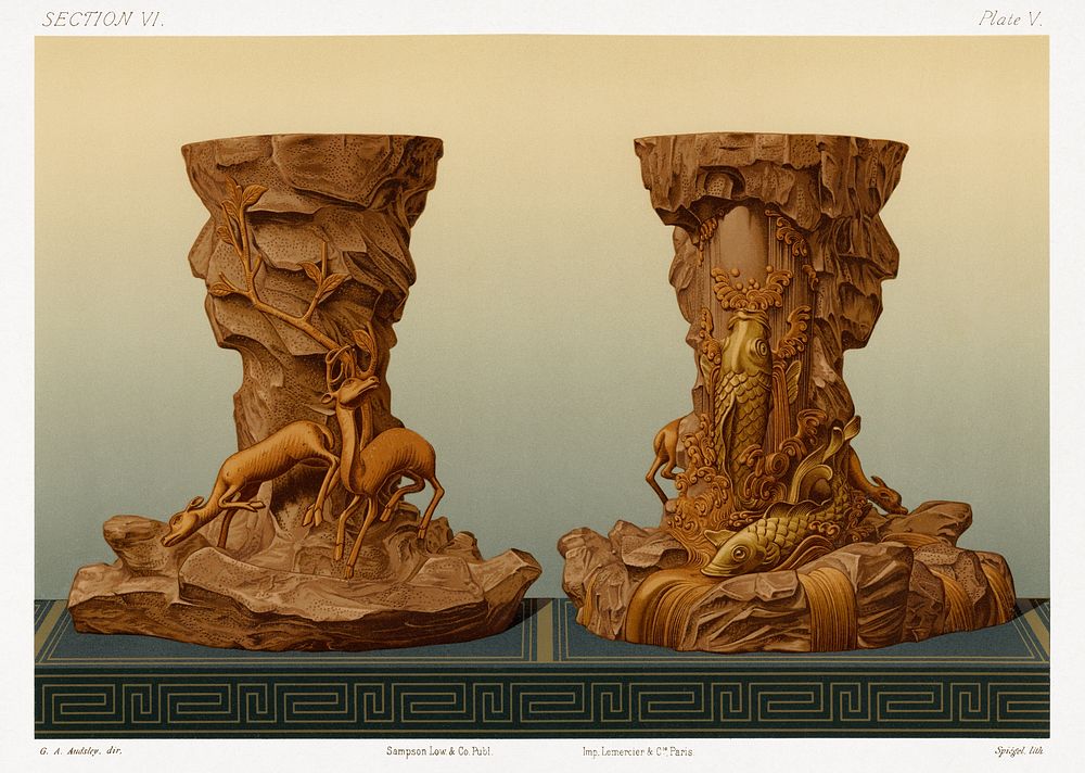 Antique print of two terracotta sculptures from section VI plate V. by G.A. Audsley-Japanese sculpture. Public domain image…