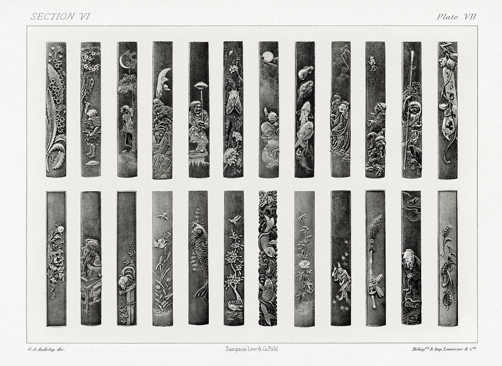 Antique print of sets of kozuka from section VI plate VII. by G.A. Audsley-Japanese sculpture. Public domain image from our…