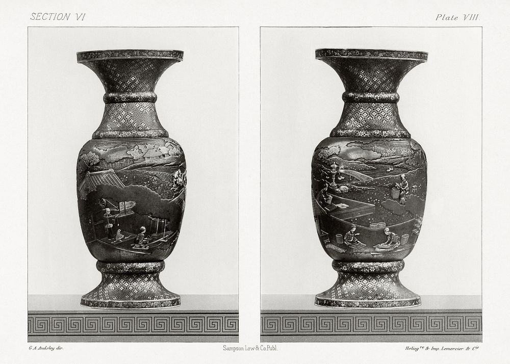 Antique print of Japanese vases from section VI plate VIII. by G.A. Audsley-Japanese sculpture. Public domain image from our…