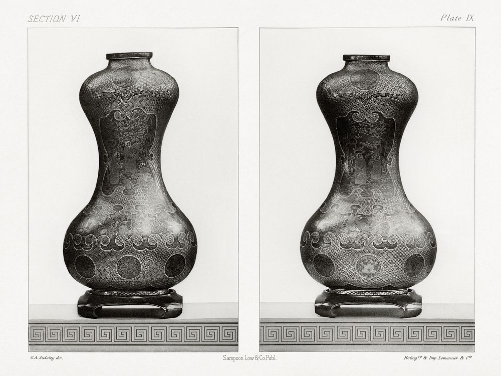 Antique print of bottle vase from section VI plate IX. by G.A. Audsley-Japanese sculpture. Public domain image from our own…