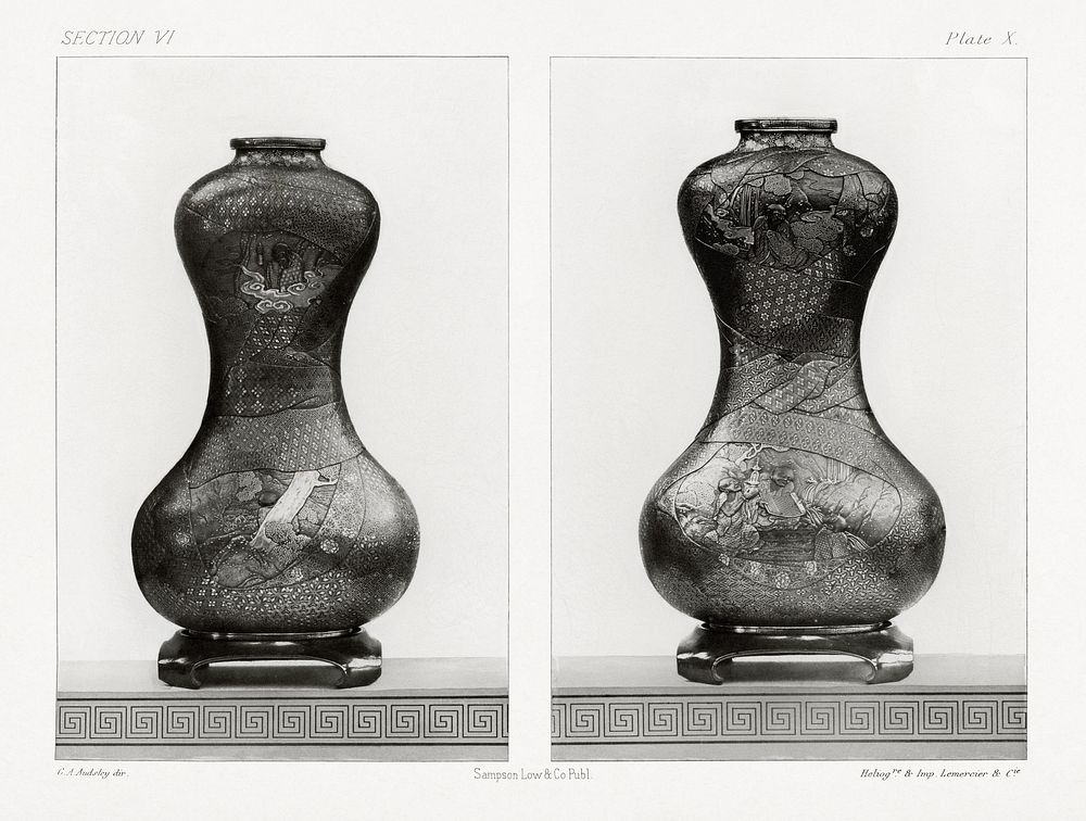 Antique print of bottle vase from section VI plate X. by G.A. Audsley-Japanese sculpture. Public domain image from our own…