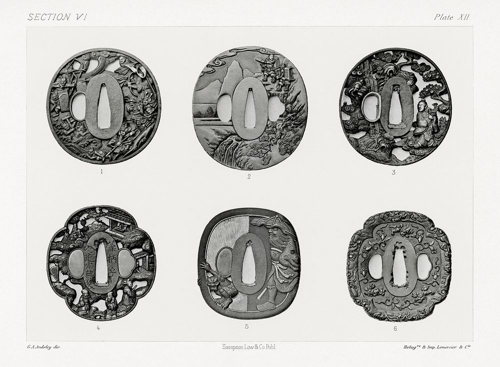 Antique print of Japanese sword mountings from section VI plate XII. by G.A. Audsley-Japanese sculpture. Public domain image…
