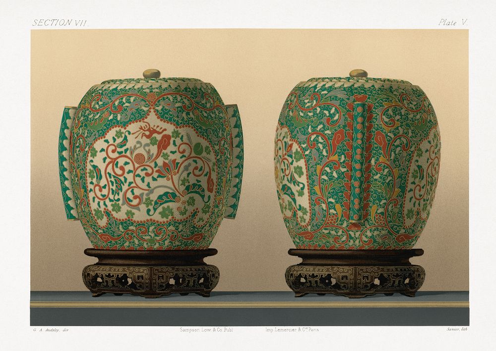Painting of two porcelain containers from section VII plate V. by G.A. Audsley-Japanese illustration. Public domain image…
