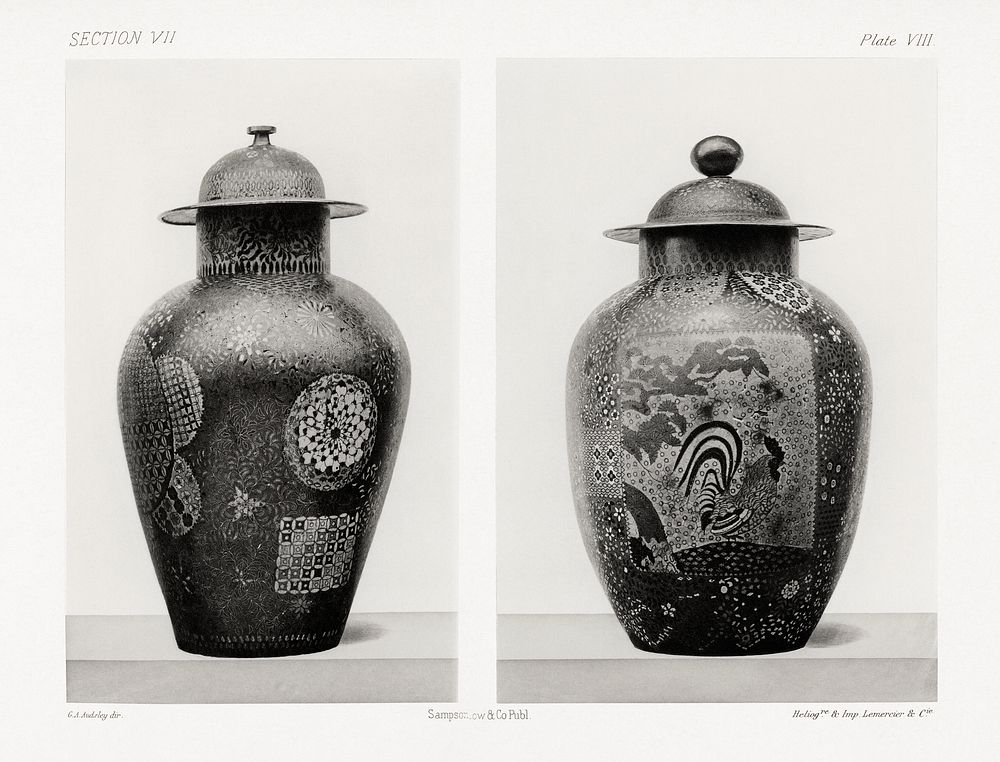 Antique print of Japanese vase from section VII plate VIII. by G.A. Audsley-Japanese sculpture. Public domain image from our…