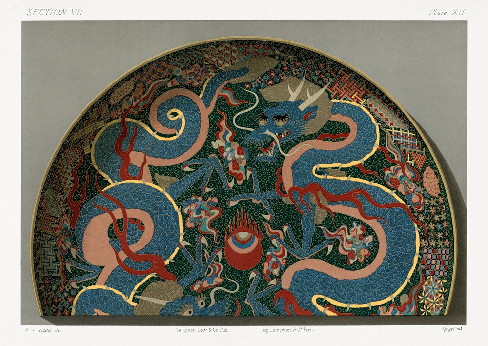 Japanese dragon plate design from section VII plate XII. by G.A. Audsley-Japanese illustration. Public domain image from our…