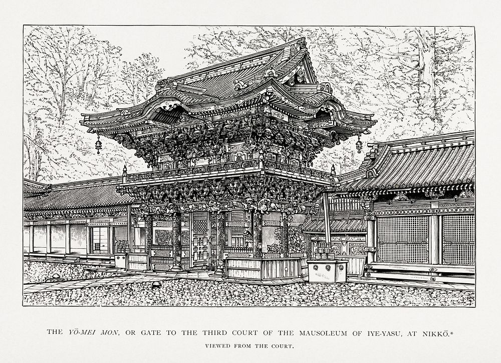 The Yo-Mei Mon, or gate to the third court of the mausoleum of Iye-Yasu, at Nikko-Japanese illustration. Public domain image…