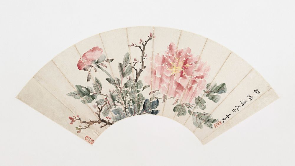 Peony fan (late 17th century) Japanese ukiyo-e art by Wang Wu. Original public domain image from The MET Museum. Digitally…