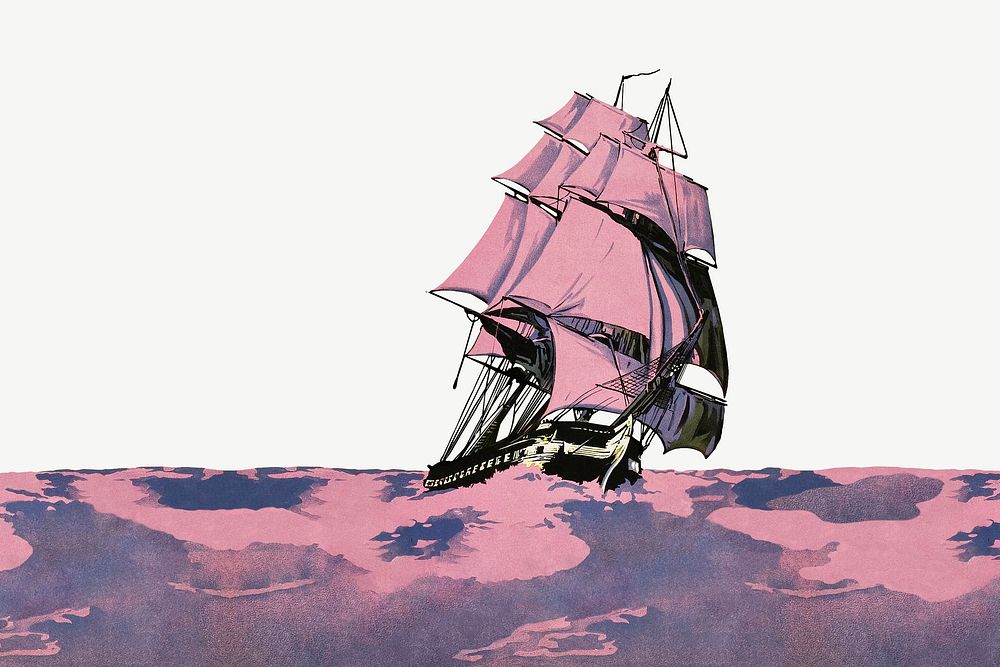 Sailing ship chromolithograph collage element psd. Remixed by rawpixel. 