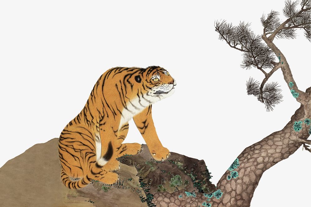Tiger  woodblock print collage element. Remixed by rawpixel. 