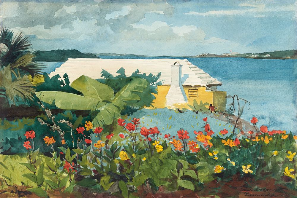 Flower Garden and Bungalow, Bermuda (1899) vintage painting by Winslow Homer. Original public domain image from The MET…