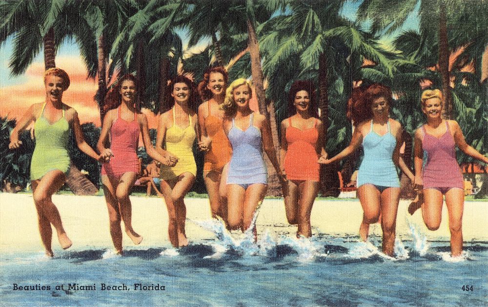 Beauties at the Miami Beach, Florida (1930–1945) vintage postcard. Original public domain image from Boston Public Library.…