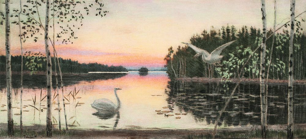 Halk' illan ruskon auerman (1904-1906) lake illustration by Torsten Wasastjerna. Original public domain image from The…