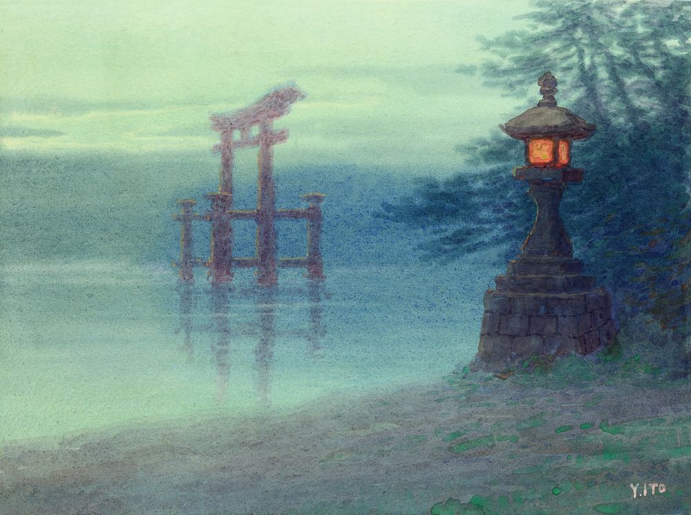 Stone lantern on shore and a torii in a lake (1880) vintage illustration by Yoshihiko Ito. Original public domain image from…