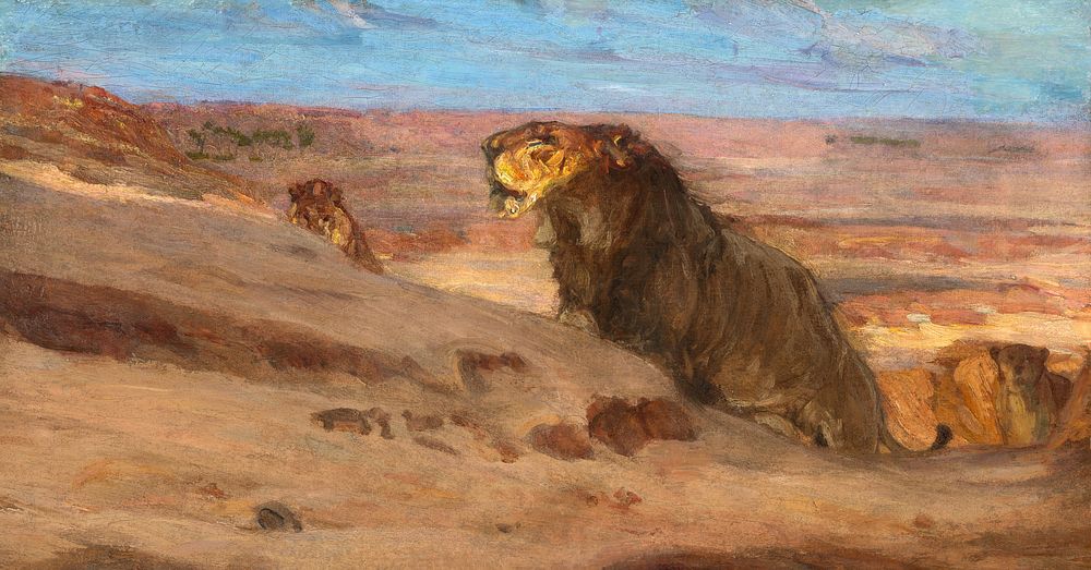 Lions in the Desert (1897-1900) vintage painting by Henry Ossawa Tanner. Original public domain image from The Smithsonian…