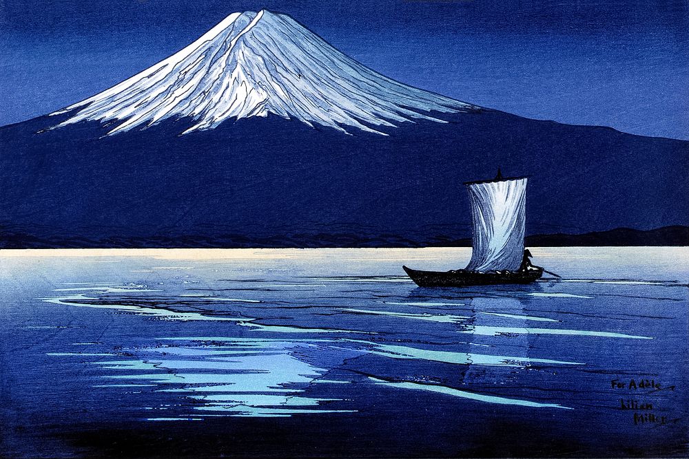 Moonlight on Mt. Fuji (1920-1929) vintage painting by Lilian May Miller. Original public domain image from The Smithsonian…