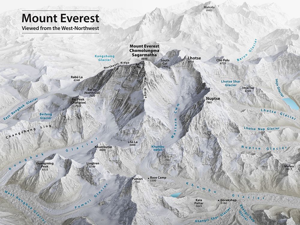 Mount Everest 3D Map (2020) by Tom Patterson. Original public domain image from Wikimedia Commons. Digitally enhanced by…