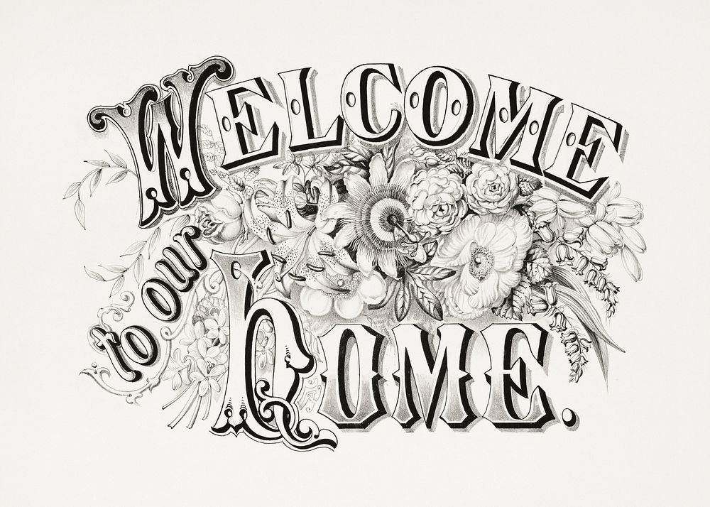 Welcome to our home (1874) vintage typography by Currier & Ives. Original public domain image from the Library of Congress.…
