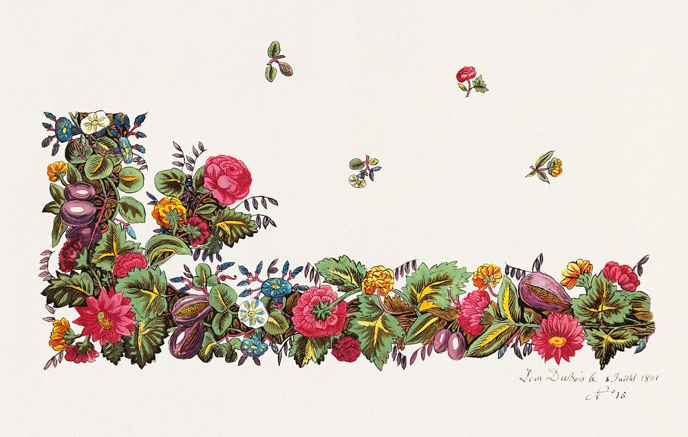 Floral design for printed textile (1800&ndash;1818) botanical illustration by Louis-Albert DuBois. Original public domain…