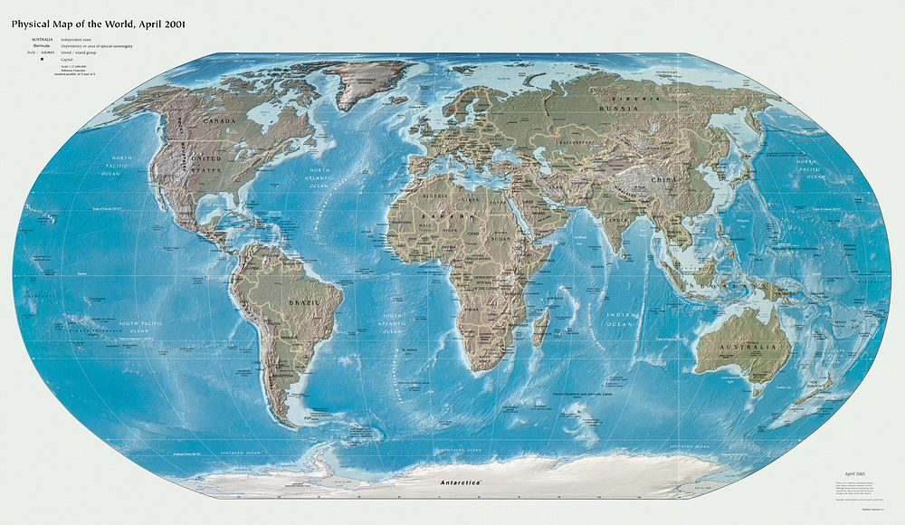 Physical map of the world (April 2001) chromolithograph art. Original public domain image from Digital Commonwealth.…