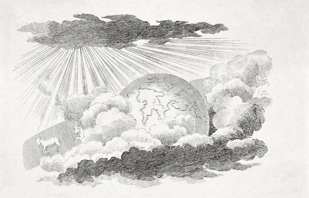 The globe rolling between clouds (1919) etching art by JF Clemens. Original public domain image from Statens Museum for…