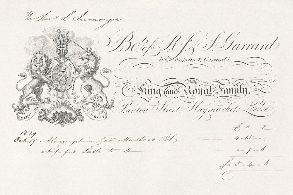 Billhead recording purchases by the Rev. L. Iremanger from R.J. & S. Garrard, goldsmiths & jewellers (1824) print in high…