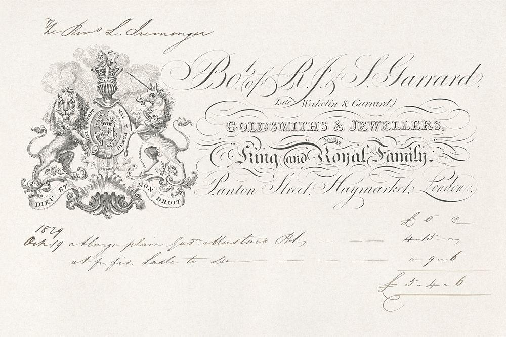 Billhead recording purchases by the Rev. L. Iremanger from R.J. & S. Garrard, goldsmiths & jewellers (1824) print in high…