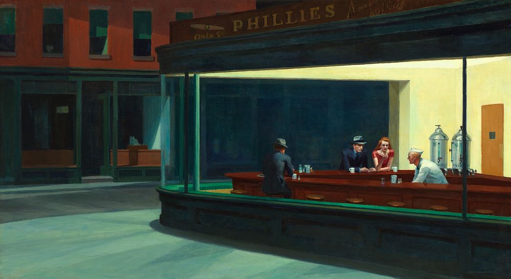 Nighthawks (1942) oil painting by Edward Hopper. Original public domain image from Wikimedia Commons. Digitally enhanced by…