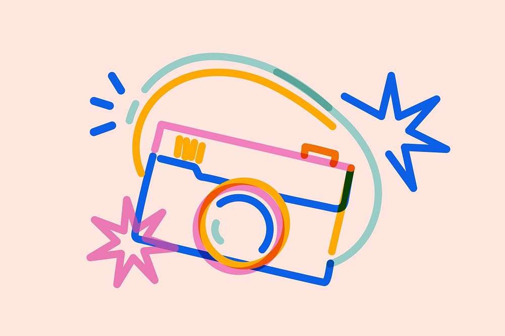 Colorful camera doodle, pink background