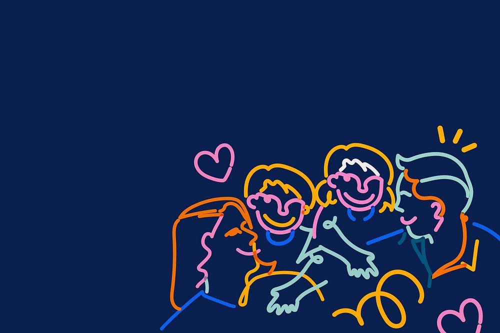 Colorful family doodle border, blue background