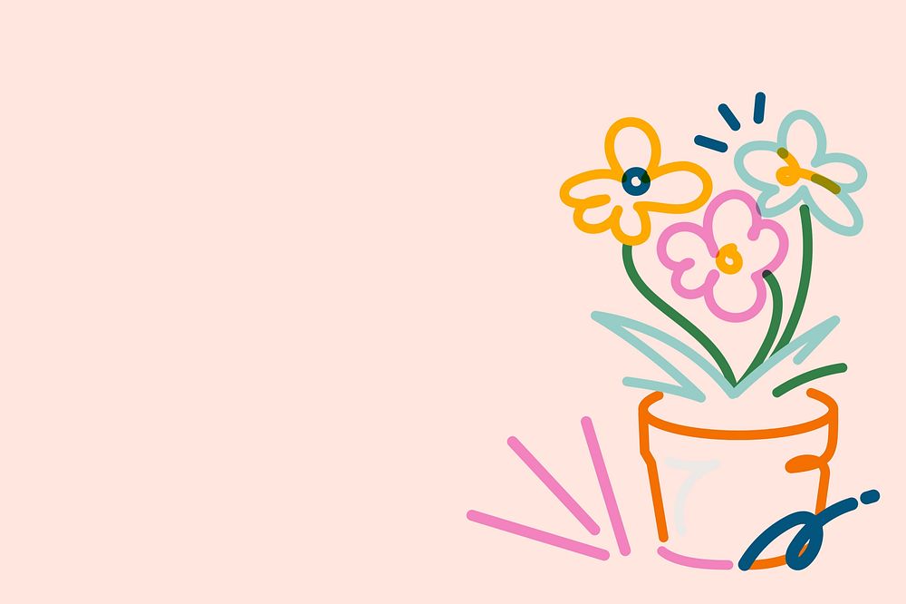Potted flowers doodle border, pink background